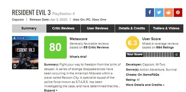 生化危机9自闭症玩家给出唯一60分，怀旧拖了评分后腿